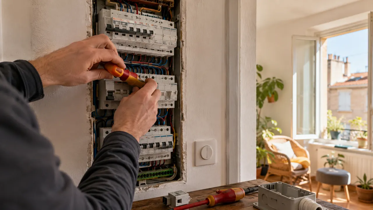 Tableau électrique d'appartement ouvert : rangées de disjoncteurs modulaires sur rail, câblage apparent, manipulation d'un module au tournevis isolé.