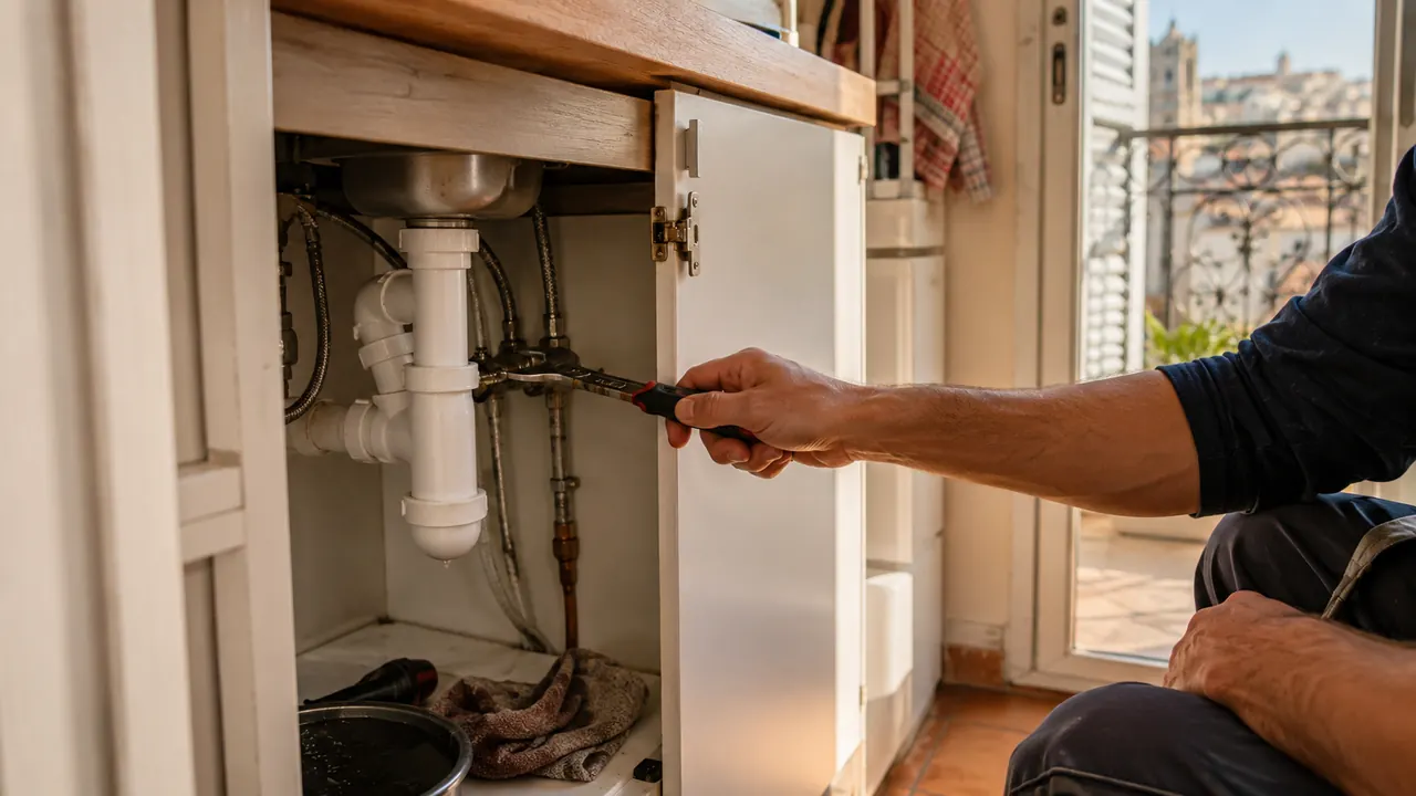 Intervention sous un évier de cuisine : siphon plastique et flexibles d'alimentation démontés à la clé, dans un appartement ancien.